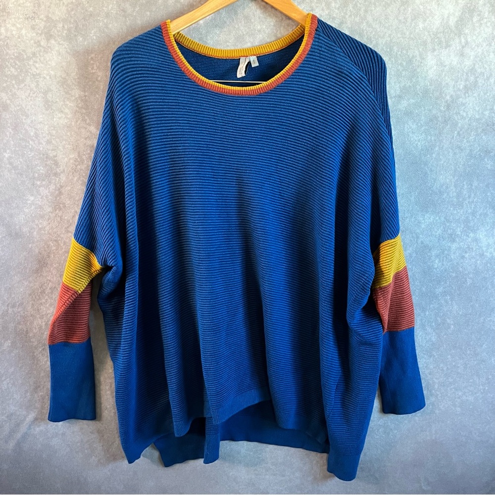 Blank London Sweater Women One Size Blue Colorblock Ribbed Knit Batwing Oversize
